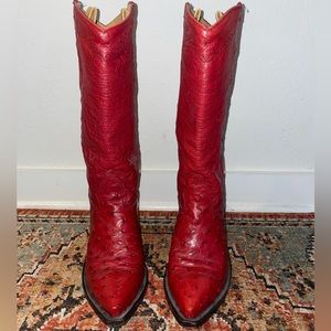 Jurassic Ranch Donna Jean red ostrich leather cowboy boots.